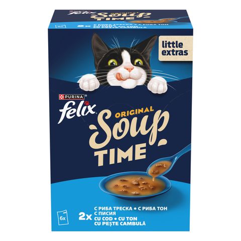 FELIX Soup Fish Selection cu Cod, Ton și Cambula, plic hrană umedă pisici, (în supă), multipack, 48g x 6buc