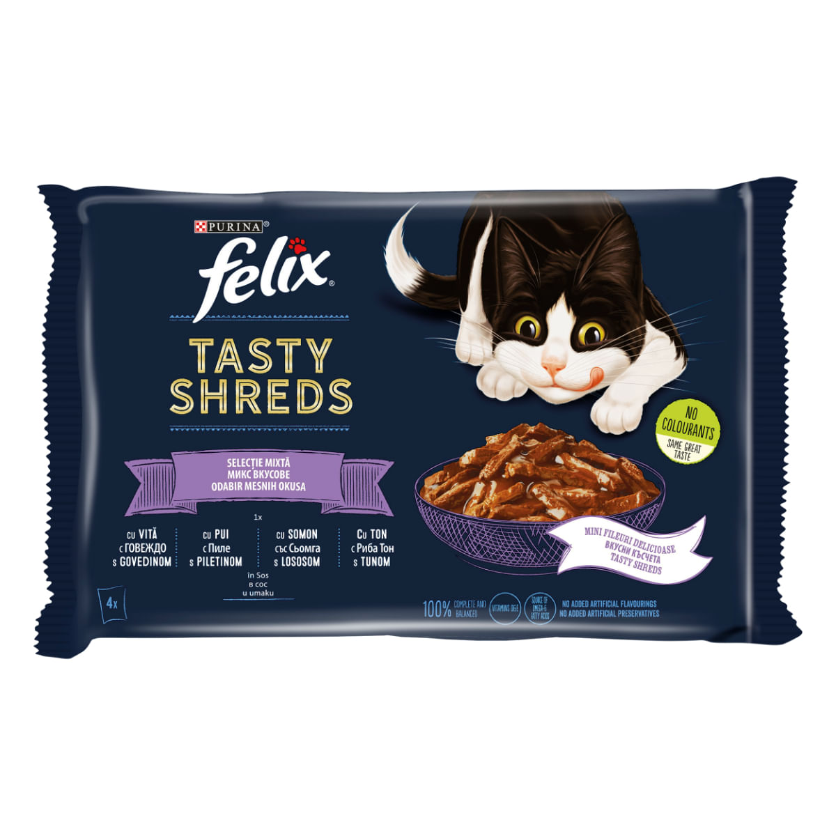 FELIX Tasty-Shreds Selecție mixtă cu Vită, Pui, Somon și Ton, plic hrană umedă pisici, (în sos), multipack, 80g x 4buc