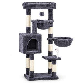 AMYDO Home Aspen, ansamblu de joacă pisici 4 etaje, 1 căsuța MDF și sisal elemente atârnate, elemente hamac bej și antracit, 45x32x105cm