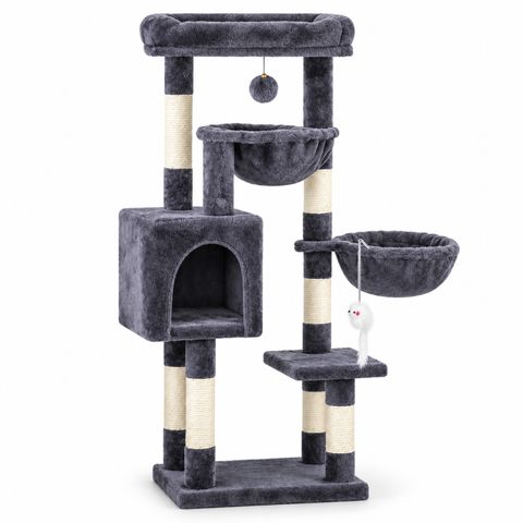AMYDO Home Aspen, ansamblu de joacă pisici 4 etaje, 1 căsuța MDF și sisal elemente atârnate, elemente hamac bej și antracit, 45x32x105cm