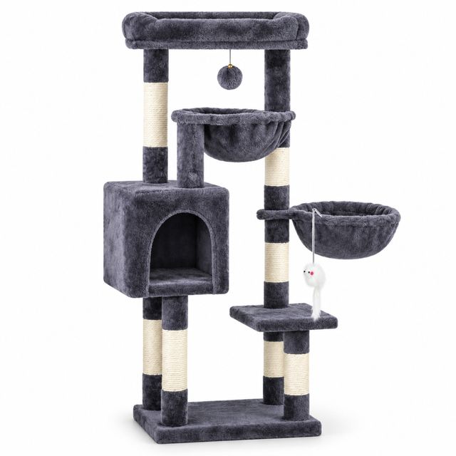 AMYDO Home Aspen, ansamblu de joacă pisici 4 etaje, 1 căsuța MDF și sisal elemente atârnate, elemente hamac bej și antracit, 45x32x105cm