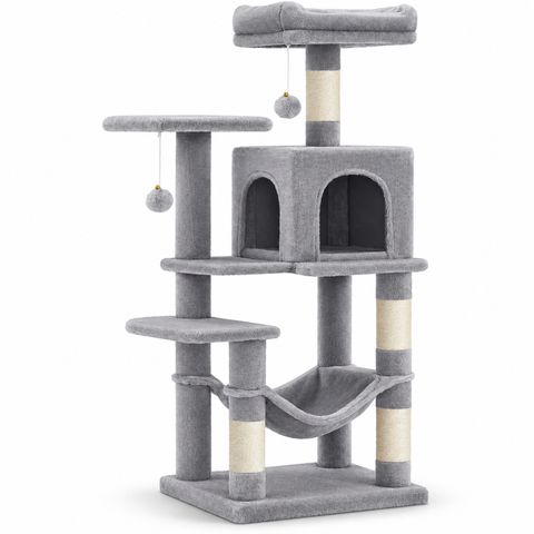 AMYDO Home Luna, ansamblu de joacă pisici, 5 etaje, 1 căsuța MDF și sisal, elemente atârnate, elemente hamac, bej și gri, 45x35x112cm