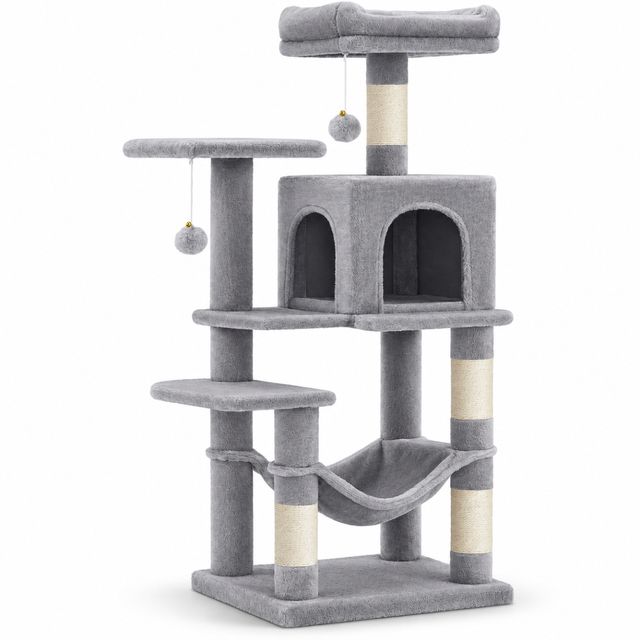 AMYDO Home Luna, ansamblu de joacă pisici, 5 etaje, 1 căsuța MDF și sisal, elemente atârnate, elemente hamac, bej și gri, 45x35x112cm