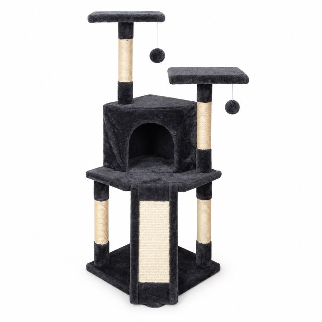 AMYDO Home Kyoto, ansamblu de joacă pisici 3 etaje 1 căsuța MDF și sisal elemente atârnate, elemente de zgâriat bej și antracit, 43x43x102cm