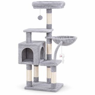 AMYDO Home Milano, ansamblu de joacă pisici, 4 etaje, 1 căsuța MDF și sisal, elemente atârnate, elemente hamac, bej și gri, 48x48x130cm