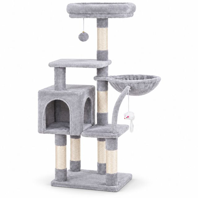 AMYDO Home Milano, ansamblu de joacă pisici, 4 etaje, 1 căsuța MDF și sisal, elemente atârnate, elemente hamac, bej și gri, 48x48x130cm