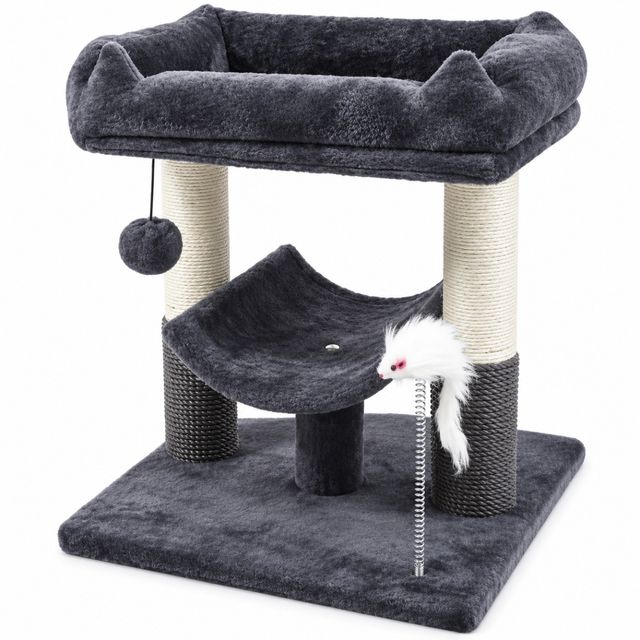 AMYDO Home Milo, ansamblu de joacă pisici 2 etaje MDF și sisal elemente atârnate elemente de zgâriat bej și antracit, 40x40x50cm
