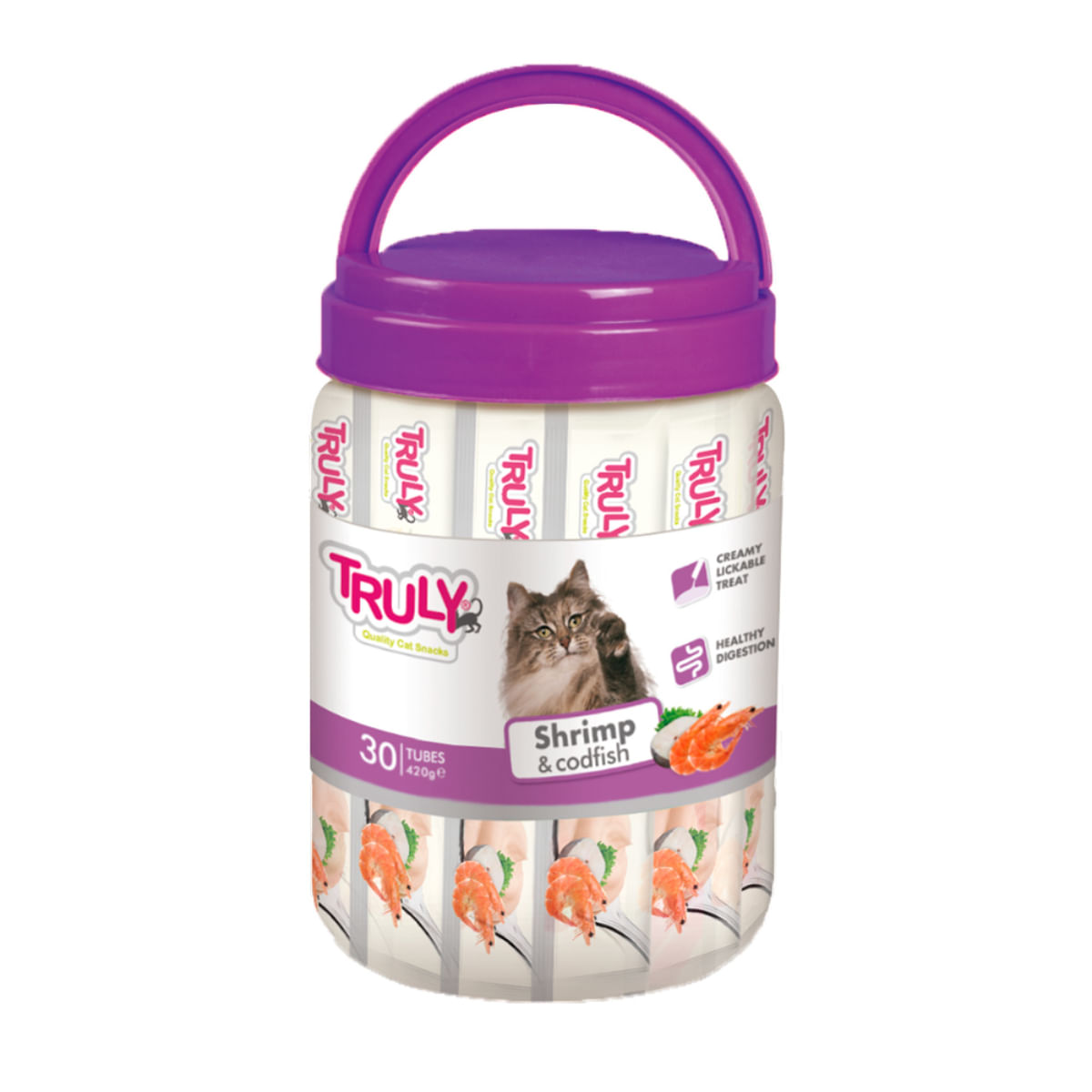 WANPY Truly Creamy Lickable Treat, Creveți și Cod, flacon recompense fără cereale pisici, (piure), 420g