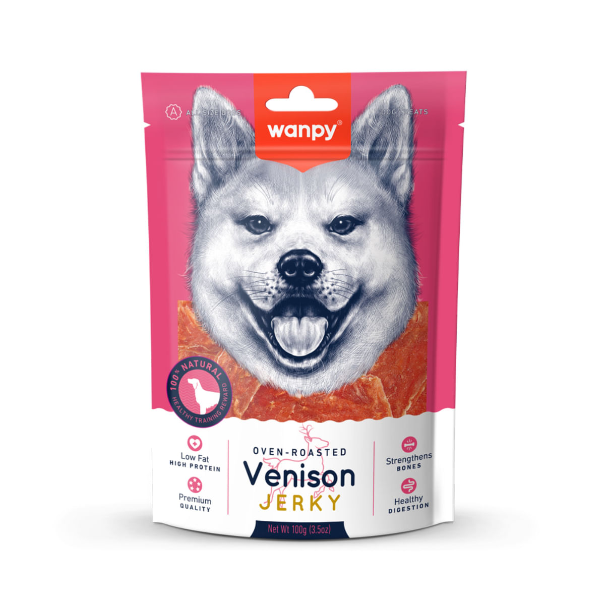 WANPY Jerky, XS-XL, Vânat, punguță recompense fără cereale câini, 100g
