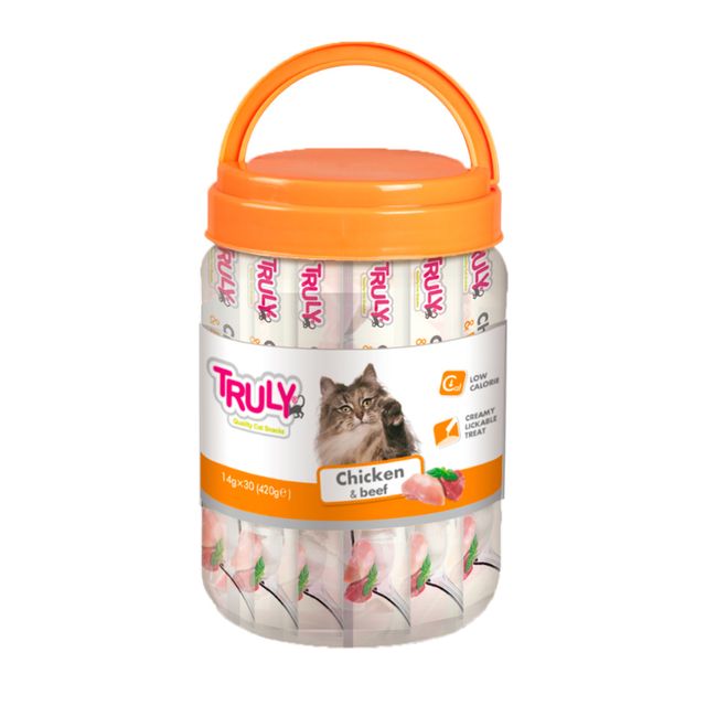 WANPY Truly Creamy Lickable Treat, Pui și Vită, flacon recompense fără cereale pisici, (piure), 420g