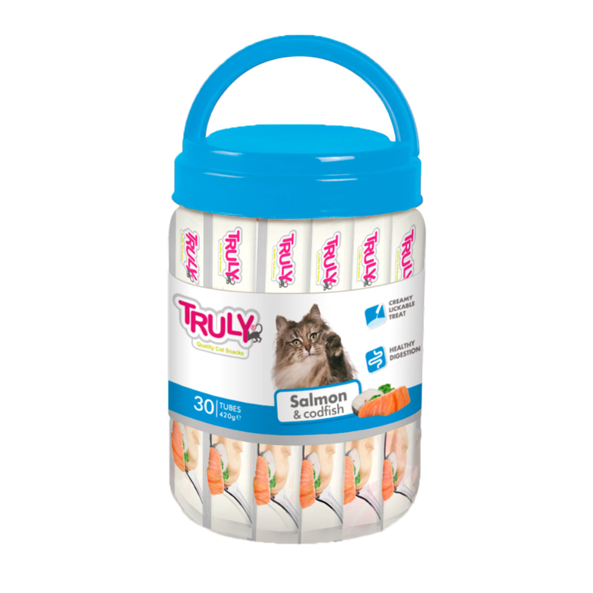 WANPY Truly Creamy Lickable Treat, Somon și Cod, flacon recompense fără cereale pisici, (piure), 420g