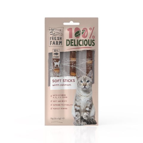 FRESH FARM Soft Sticks, Somon, punguță recompense pisici, 15g