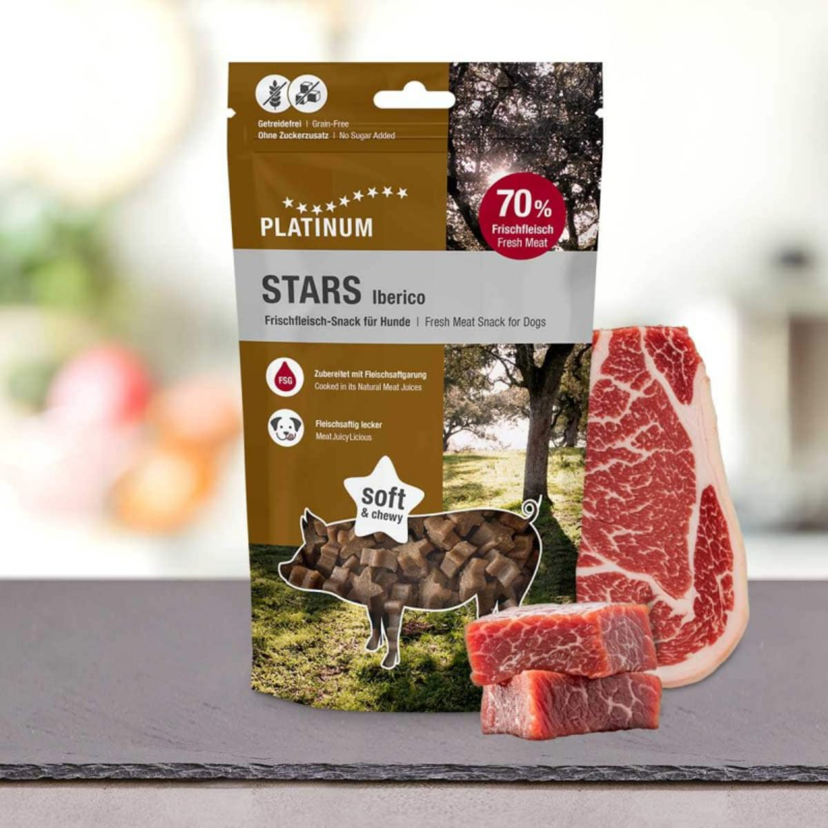 PLATINUM Stars, XS-XL, Iberico, punguță recompense fără cereale câini, 185g