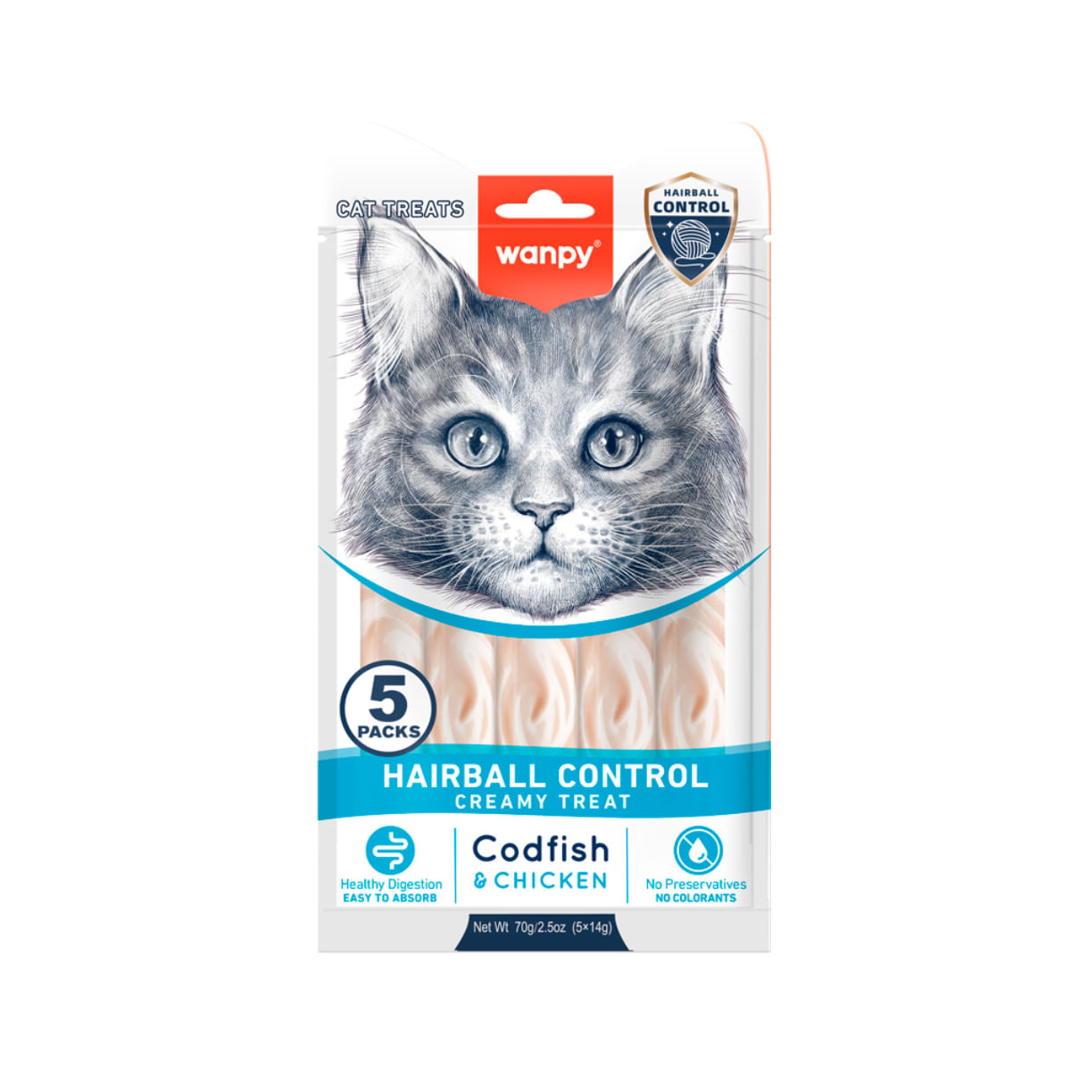 WANPY Hairball Control, Cod și Pui, punguță recompense funcționale fără cereale pisici, limitarea ghemurilor de blană, (piure), 70g