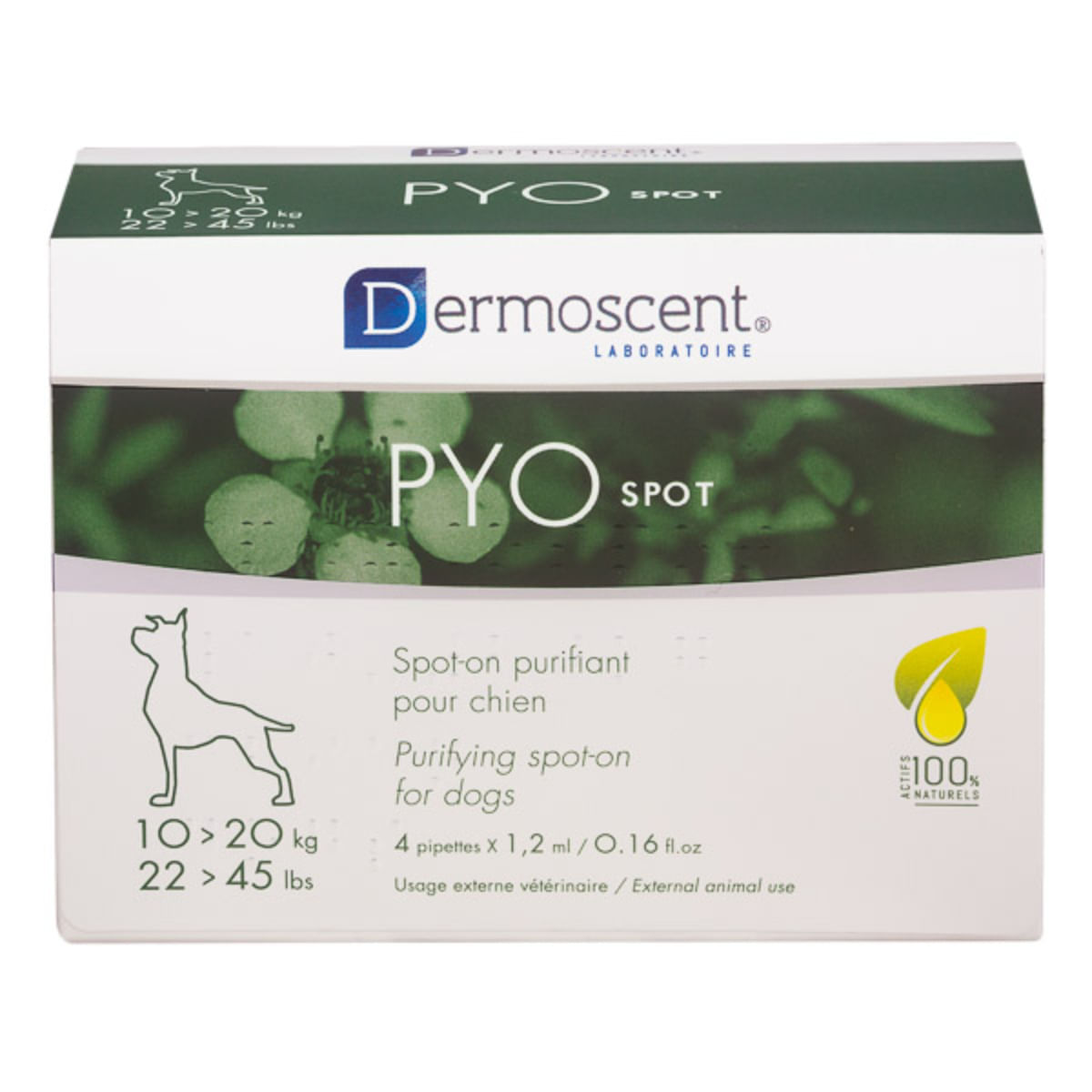 DERMOSCENT PYO spot, tratament adjuvant piele & blană câini, pipete, 4buc DERMOSCENT PYO spot 10 -20kg, tratament adjuvant piele & blană câini, 1.2ml x 4buc pipete