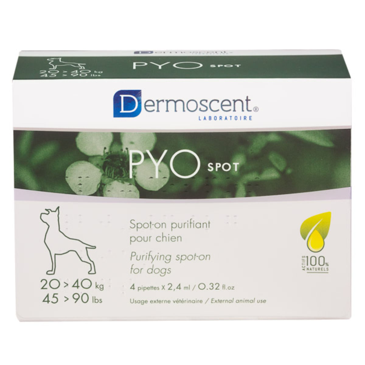 DERMOSCENT PYO spot, tratament adjuvant piele & blană câini, pipete, 4buc DERMOSCENT PYO spot 20 -40kg, tratament adjuvant piele & blană câini, 2.4ml x 4buc pipete