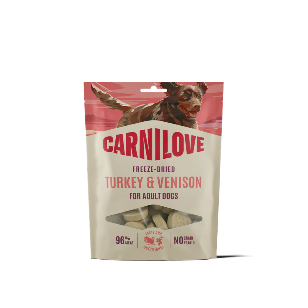 CARNILOVE Freeze Dried, XS-XL, Curcan și Vânat, punguță recompense fără cereale câini, 60g