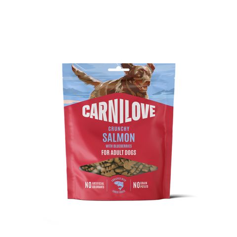 CARNILOVE Crunchy, XS-XL, Somon și Afine, punguță recompense fără cereale câini, 200g