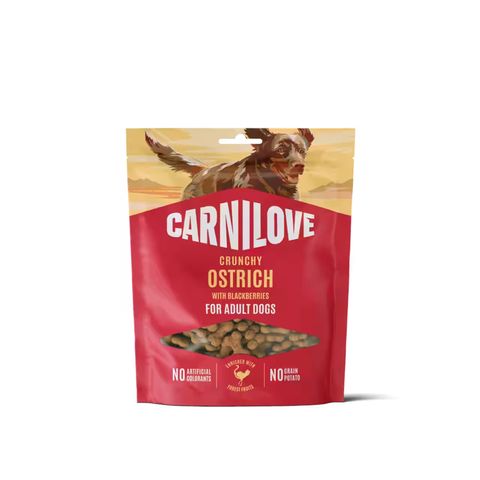 CARNILOVE Crunchy, XS-XL, Struț și Afine, punguță recompense fără cereale câini, 200g