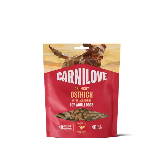 CARNILOVE Crunchy, XS-XL, Struț și Afine, punguță recompense fără cereale câini, 200g