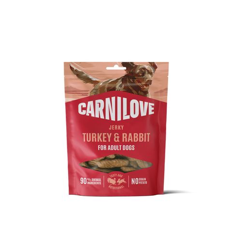 CARNILOVE Jerky, XS-XL, Curcan și Iepure, punguță recompense fără cereale câini, 100g