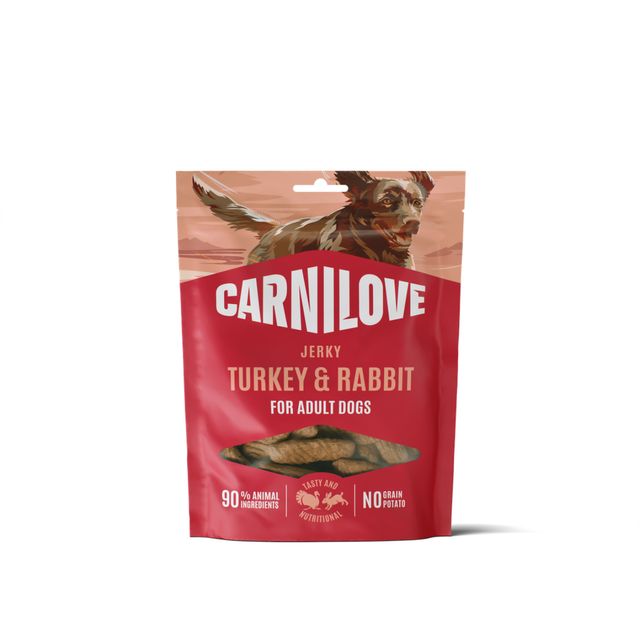 CARNILOVE Jerky, XS-XL, Curcan și Iepure, punguță recompense fără cereale câini, 100g