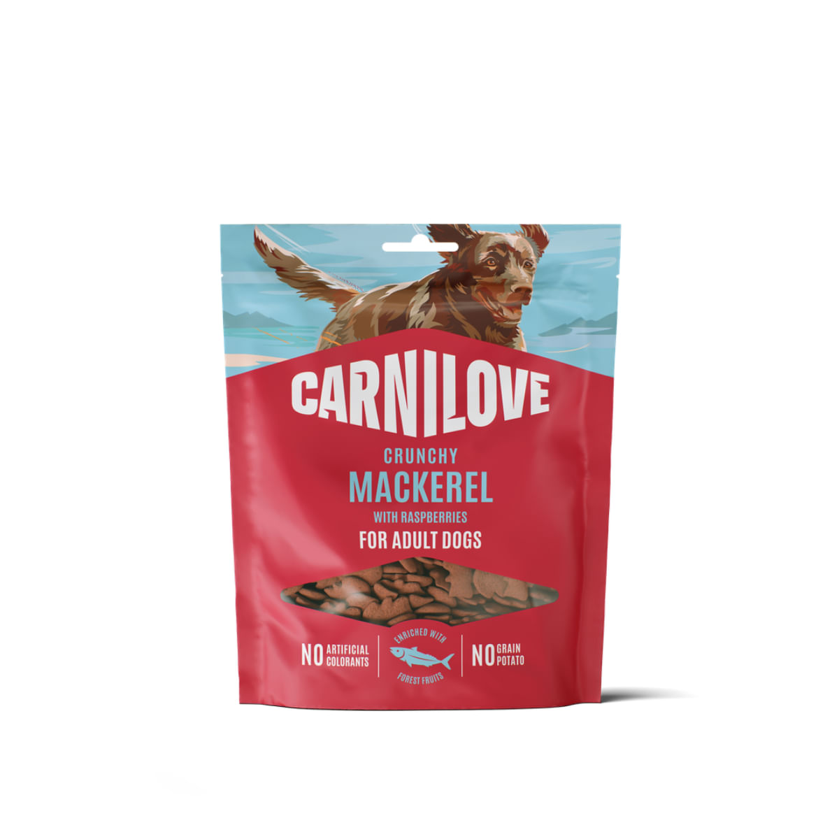 CARNILOVE Crunchy, XS-XL, Macrou și Zmeură, punguță recompense fără cereale câini, 200g