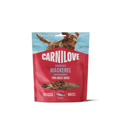 CARNILOVE Crunchy, XS-XL, Macrou și Zmeură, punguță recompense fără cereale câini, 200g