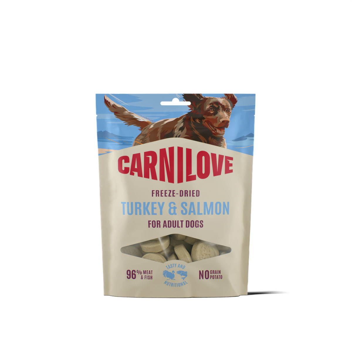 CARNILOVE Freeze Dried, XS-XL, Curcan și Somon, punguță recompense fără cereale câini, 60g