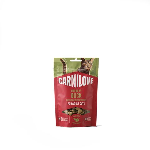 CARNILOVE Crunchy Snack, Rață și Zmeură, punguță recompense fără cereale pisici, 50g