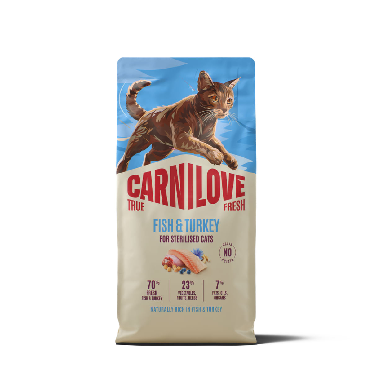 CARNILOVE True Fresh Sterilised, Pește și Curcan, hrană uscată fără cereale pisici sterilizate, 2kg