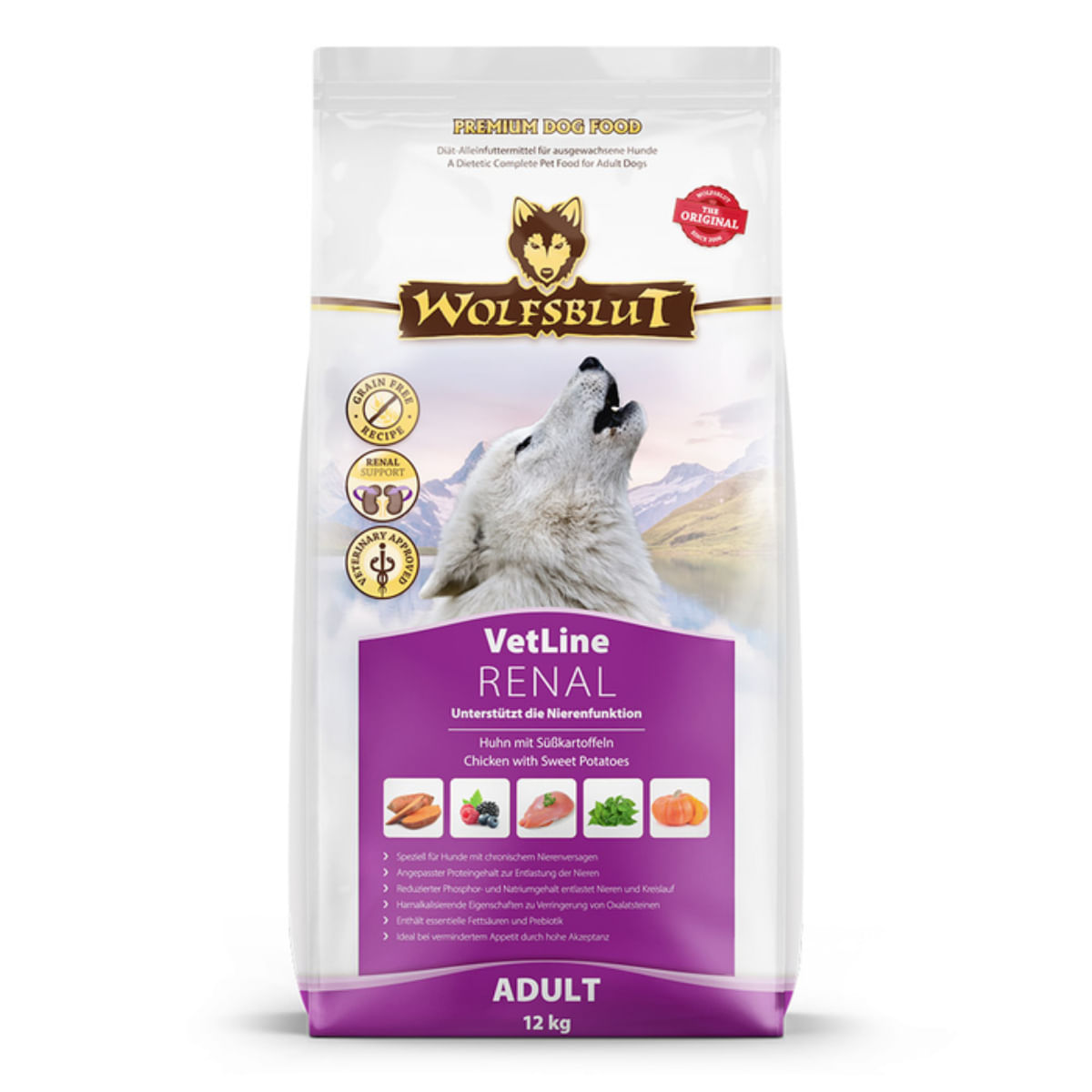 WOLFSBLUT VetLine Renal, XS-XL, Pui, dietă veterinară, hrană uscată câini, sistem renal, 12kg