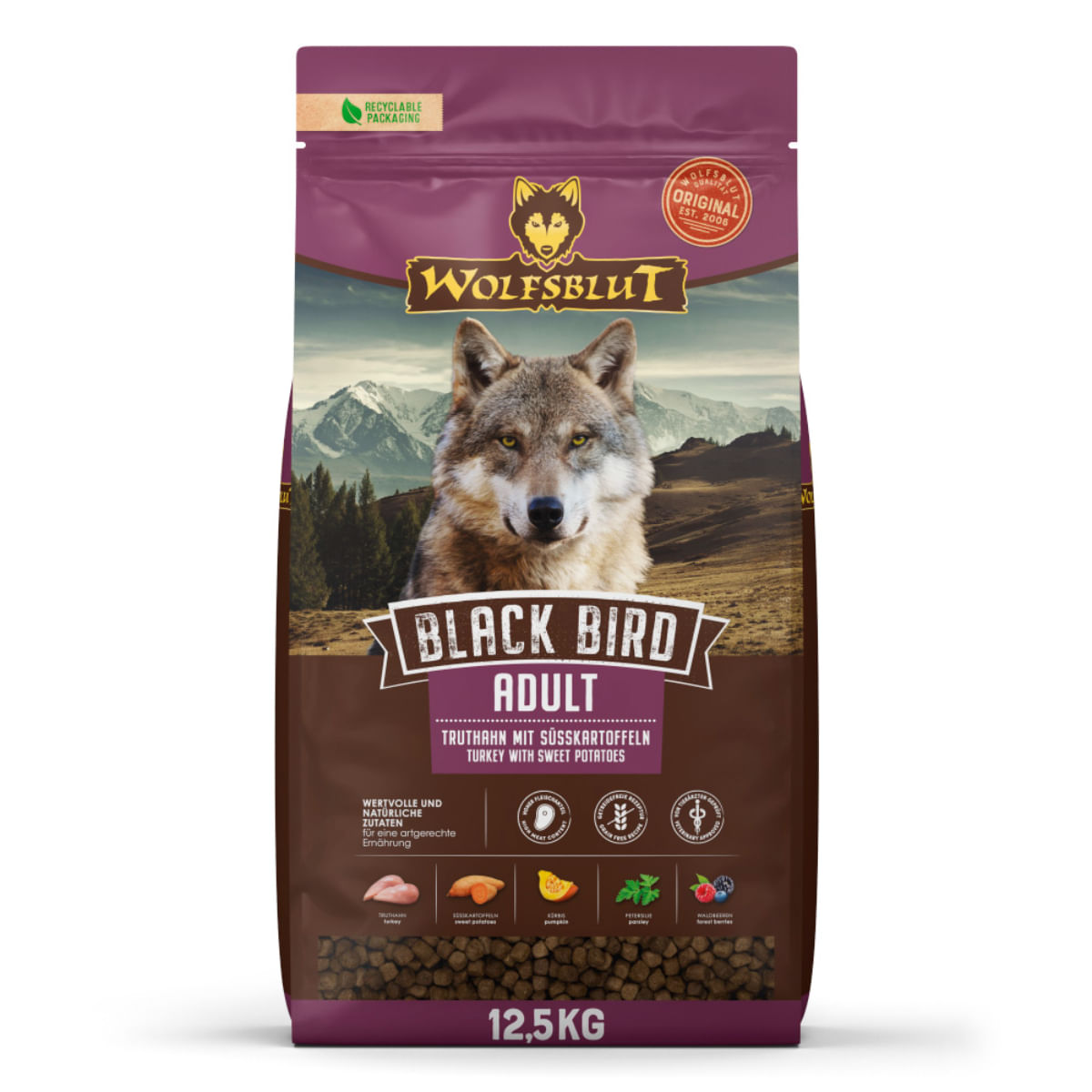 WOLFSBLUT Black Bird, XS-XL, Curcan, hrană uscată fără cereale câini, 12.5kg