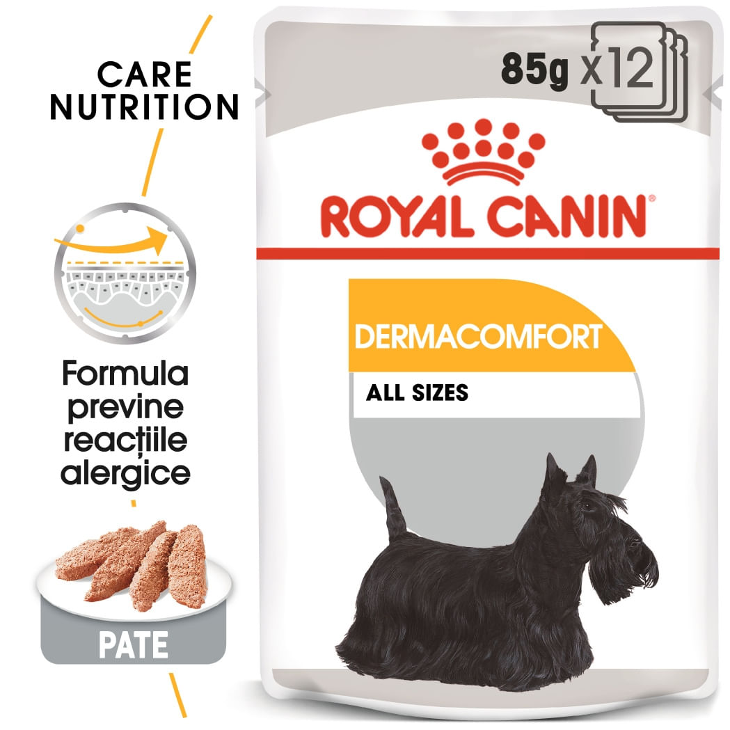 Royal Canin Dermacomfort Adult, hrană umedă câini, prevenirea iritațiilor pielii (pate) Royal Canin Dermacomfort Adult, bax hrană umedă câini, prevenirea iritațiilor pielii (pate), 85g x 12