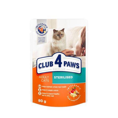 CLUB 4 PAWS Premium Sterilised, Pui, plic hrană umedă pisici sterilizate, bax, 80g x 24buc
